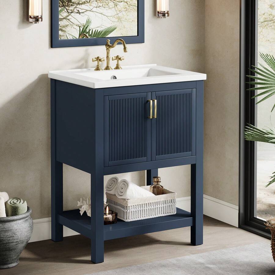 Tribesigns 24" Bathroom Vanity Set With Ceramic Sink,Freestanding Bathroom Storage Cabinet For Small Space, Waterproof Bathroom Accessories With 2 Doors & 1 Open Shelf,Painted Surface,Navy Blue - 海軍藍 - 查看 1