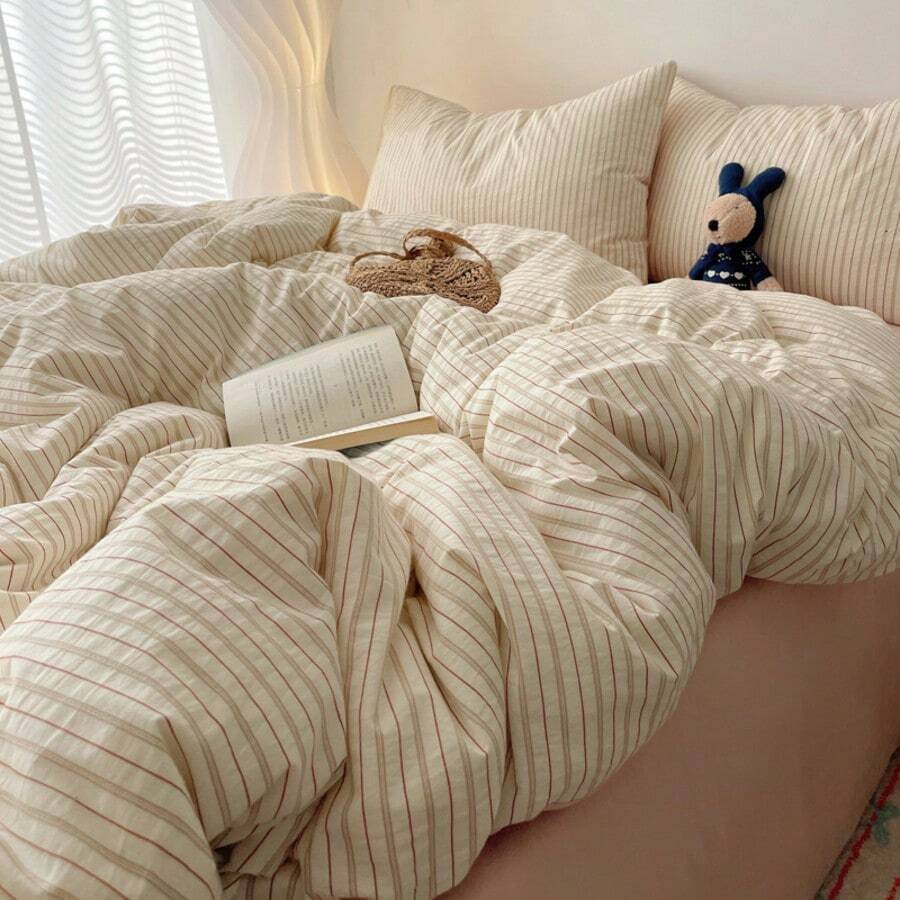 3 件套 100% 涤纶复古条纹印花羽绒被套套装，2 个枕套 + 1 个羽绒被套（无床单）