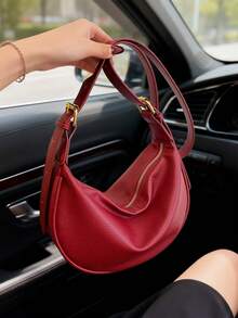 新款时尚女士纯色简约单肩包，PU材质，适合约会、购物，百搭优雅 - 紅色 - 查看 3