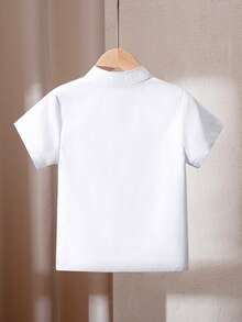 Boys' White Short Sleeve Stand Collar Button-Up Shirt, Contrast Button Detail Casual Top, Suitable For Back To School, Parties And Formal Occasions - White - View 3