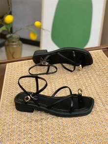 Giày sandal quai mảnh gót chunky kiểu cổ tích mùa hè 2026 mới, giày La Mã có nhẫn ngón chân dành cho nữ - màu đen - Xem 7