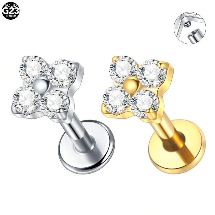 SWANJO 1pc Titanium Flower CZ Cartilage Earring 16G Four Leaf Helix Tragus Stud Flat Back Labret Piercing Jewelry