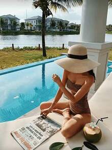 1 chiếc mũ rơm vành rộng dành cho nữ, có dây ruy băng đen, mũ che nắng đi biển. - Nhiều màu - Xem 8