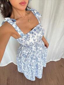 asdBreezaya Vestido elegante francés con corpiño fruncido y falda acampanada, estampado floral azul, sin mangas, nueva llegada de veranoasd ZK1Q - Azul y blanco - Ver 4
