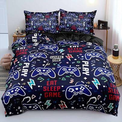 2/3pcs 3D Print Eat Sleep Game Slogan Controller Duvet Cover Set Navy Blue Base Blue White Cartoon Gamepad Lightning Pixel Game On Play Text Pattern Bedding Set Esports Calm Comforter Cover Set (Size 135x200 Only 1 Pillowcase)