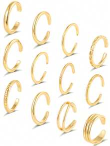 12件套波西米亚风18K镀金多款立方氧化锆可调节脚趾戒指套装，适合女性夏季海滩及日常佩戴 - 金色 - 查看 14