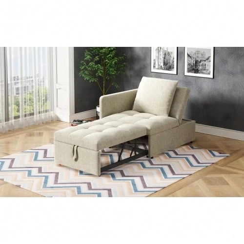 Upholstered Bed, 3-In-1 Sofa Bed, Multifunctional Sofa Bed, Linen Fabric Sofa (Adjustable Backrest), Space-Saving Sofa Bed - Beige - View 1