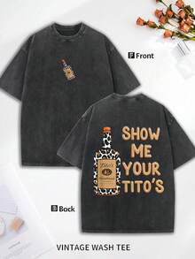Tito's, Vodka, Leopard Print, Vintage Wash, Short-Sleeved T-Shirt, Menswear, Crew Neck, Loose Fit, American Casual, Summer, Printed, Distressed, Cotton, Top, Streetwear. - Black - View 1