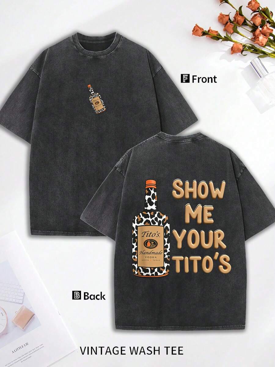 Tito's, Vodka, Leopard Print, Vintage Wash, Short-Sleeved T-Shirt, Menswear, Crew Neck, Loose Fit, American Casual, Summer, Printed, Distressed, Cotton, Top, Streetwear. - Black - View 1