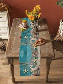 Summer Beach Starfish Shell Teal Wooden Board Texture Table Runner Party Decor Washable Farmhouse Kitchen Dining Table Runner Wedding Decorations - Multicolor - View 6