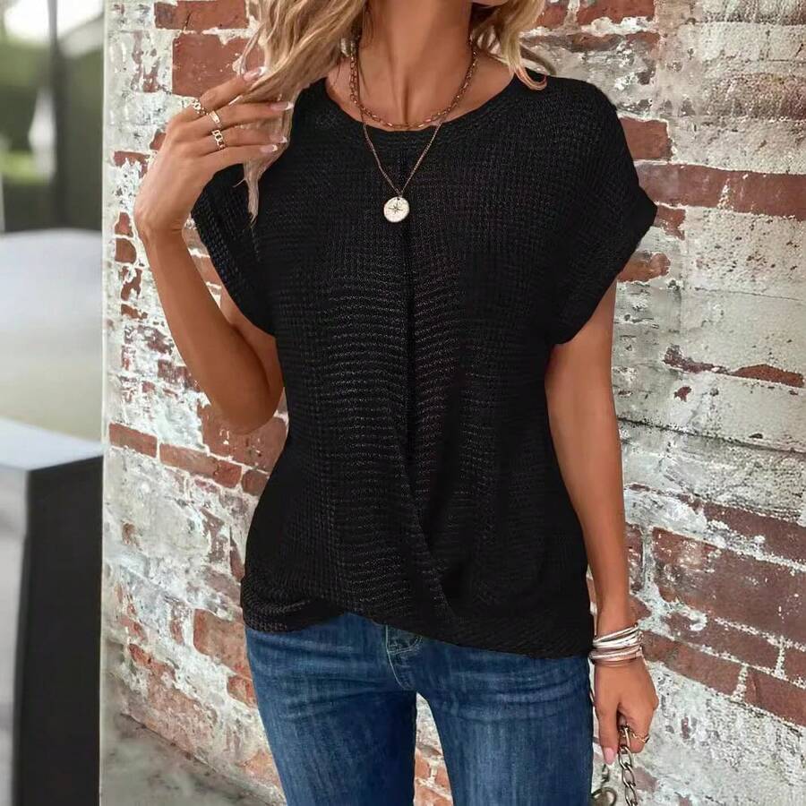 Women's Beige Waffle Knit Round Neck Dolman Short Sleeve Twist Front Hem Casual Top Minimalist Streetwear - 黑色 - 查看 1