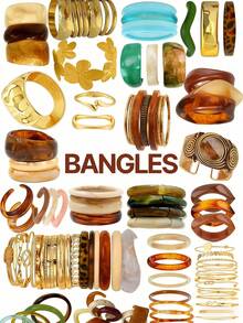 Random 21/16/8/6/4pcs Vintage Fashion Elegant Bohemian Vacation Style Daily Geometric Asymmetrical Blue Green Pink Colorful Acrylic Resin Marbled Bracelets Stacked Gold-Tone Wide Plain Carved Hammered Texture Bracelet Set Y2K Cute Jewelry Accessories Suitable For Women's Daily Beach Party Birthday Wear (Resin Pattern Random) - Multicolor - View 2