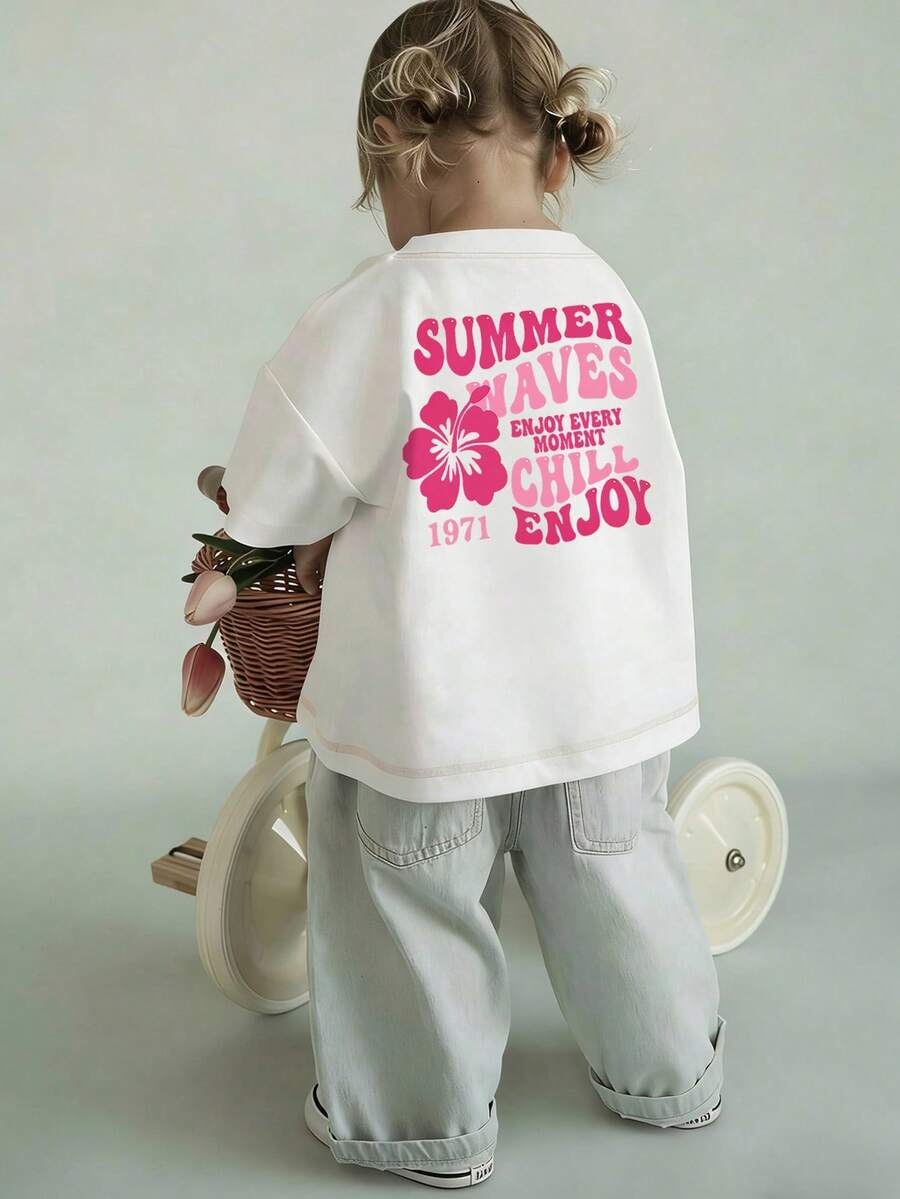 Baby Girls' Minimalist Floral & Letter Print Round Neck Short Sleeve Cute Top - White - View 1