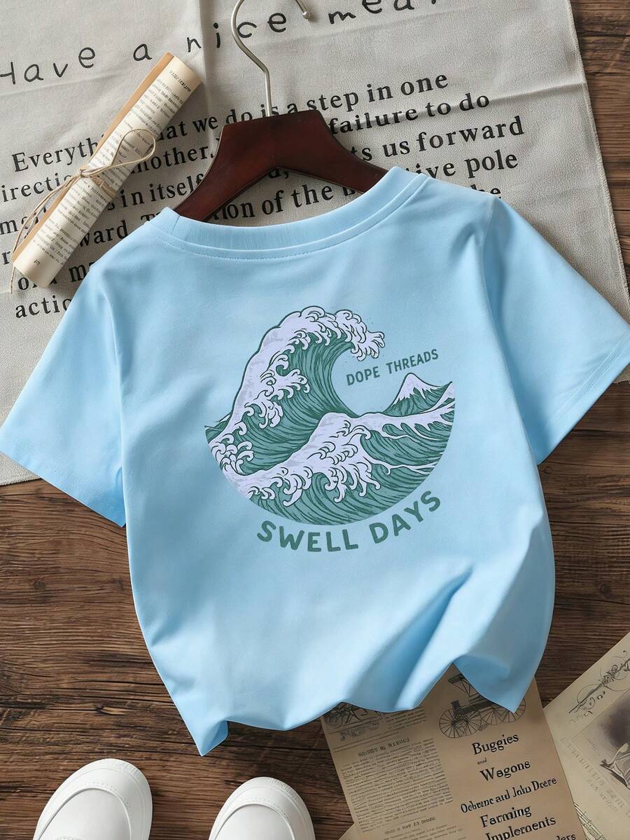 海洋風男嬰「Swell Days」印花寬鬆休閒T恤 - 淺藍色 - 查看 1