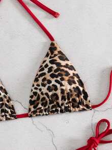 2pcs Leopard Print Sexy Backless Drawstring Tie Back Ruched Bust Women's Bikini Swimsuit, Suitable For Beach, Holiday, Summer, Red Leopard Print Contrast Color Vacation - Brown - View 2