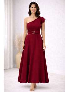 Elegant One-Shoulder Viscose Linen Long Dress For Parties - Burgundy - View 1