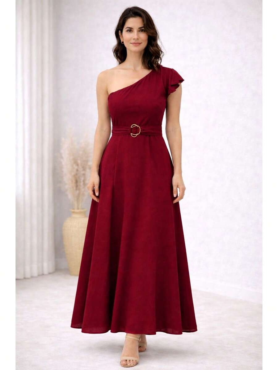 Elegant One-Shoulder Viscose Linen Long Dress For Parties - Burgundy - View 1
