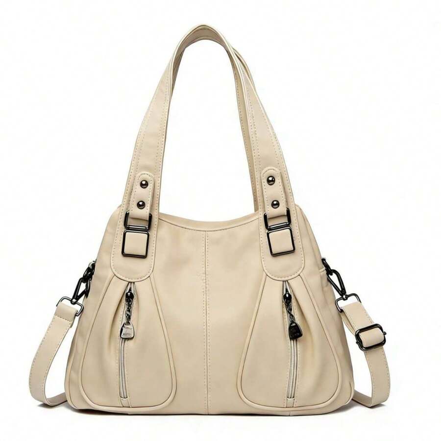 Women's Soft Leather Handbag That Can Be Used As A Shoulder Bag Or Crossbody Bag. Its Design Is Simple, Casual, Elegant And Versatile, Ideal For Middle-Aged Mothers. - 杏色 - 查看 1