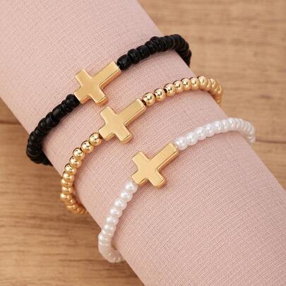 一套时尚简约百搭串珠弹力手链，十字架吊坠手链，适合青少年