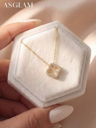 1件简约旋转四叶草吊坠项链，925纯银精致锁骨项链，奢华珠宝礼品，适合女孩，日常及约会穿搭装饰