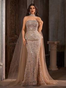 Women's Elegant Sexy Floral Sequin Patchwork Formal Evening Gown Dress Party Wedding Spring - Apricot - View 4