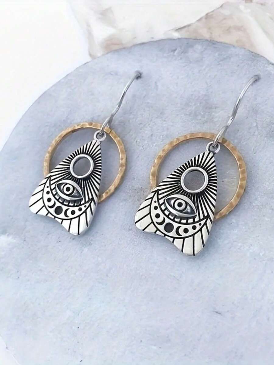 1 par de pendientes con colgante geométrico retro, adecuados para uso diario, fiestas y viajes de las mujeres como regalo de joyería - Plateado - Ver 1