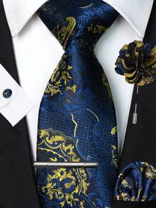 1/2/3/4/5 Pcs Set Navy Blue & Gold Paisley Necktie, Pocket Square, Silver Tie Clip, Cufflinks And Lapel Pin, For Men's Workplace, Business, Meetings, Weddings - Navy Blue - View 12