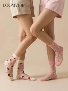 2双装女士透明草莓蜜桃色中筒袜，轻盈透气网眼袜，可爱水果长袜，适合夏季穿着 - 彩色 - 查看 2
