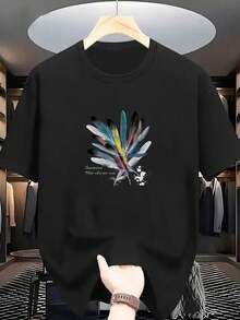 Men's Classic Casual Printed Summer T-Shirt, Short Sleeve, Ribbed Round Neck, Stretch Breathable - 黑色 - 查看 9