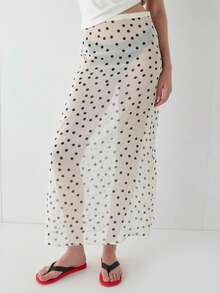 Women Polka Dot Sheer Midi Skirt Y2k See Through Low Rise Long Skirt Flowy Mesh Cover Up Maxi Skirts Summer Beachwear Going Out - 白色 - 查看 5