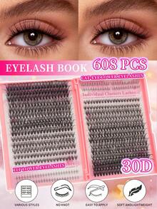 608片D型卷翘睫毛DIY嫁接套装，30D/40D/50D/60D，6-16mm混合漫画动漫风格睫毛，带尖刺和下睫毛，全套含睫毛教程，轻盈猫眼仙女款睫毛，适合初学者 - D - 查看 2