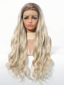 26英寸渐变金色波浪卷蕾丝前假发，耐热合成纤维，适合女性日常佩戴、角色扮演、派对等场合，自然逼真，透气帽设计，长款铂金色波浪假发 - 漸變金色 - 查看 3