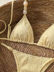 Bikinx Fashionable & Cute Women's Bikini Set, Made Of High Elasticity Textured Fabric, Spaghetti Strap Design, High-Waisted Tie Bottom, Suitable For Casual Daily Wear Vacation - Yellow - View 9