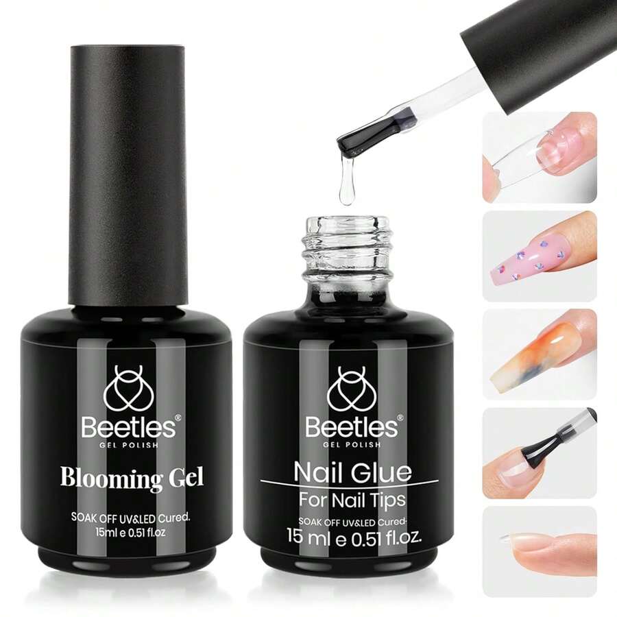 Beetles Top Coat Base Gel & Nail Glue Set-3Pcs No Wipe Top Coat Gel Nail Polish & Base Coat With 9 In 1 Nail Glue Shine Effect Long Lasting Soak Off Uv Light Lamp Diy Nail Gifts For Women & Girls - 2PCS 15ML Nail Glue and Blooming Gel - 查看 1