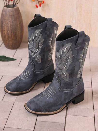 Women's Western Cowboy Boots, Vintage Distressed Hazy Blue Wing Embroidery Square Toe Chunky Heel Mid-Calf Boots, Fashion Versatile Square Root Rider Boots, Square Toe Western Boots, Cowgirl Boots