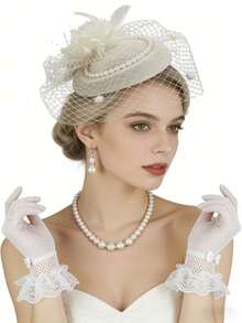 6pcs Vintage Pearl Jewelry Set, Includes Easter Bonnet And Lace Gloves, Women's Retro Afternoon Tea Party Outfit, Bridal Accessories - Multicolor - View 5