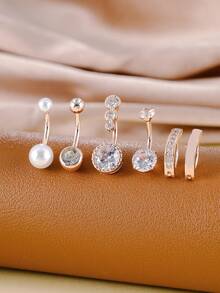 6pcs Medical Grade Stainless Steel Belly Button Rings Set, 8mm CZ Inlaid & Faux Pearl Design, Cute Body Jewelry Piercing Accessories, Daily Gift - Basic - View 17