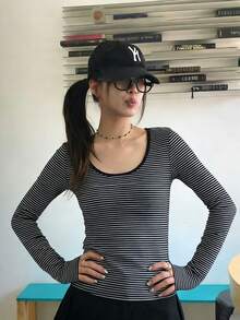 Áo thun dài tay cổ tròn dáng ôm, phối sọc tương phản, đa năng, thích hợp mặc hàng ngày, màu đen casual mùa xuân/hè. - màu đen - Xem 6