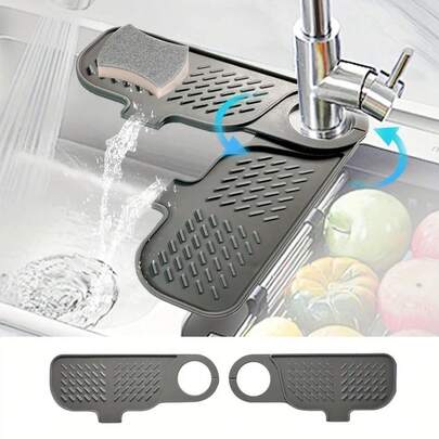 2pcs Rotatable Soft Kitchen Sink Splash Guard And Drain Mat, Anti-Slip Drainage Design, Suitable For Bathroom And Kitchen Sink