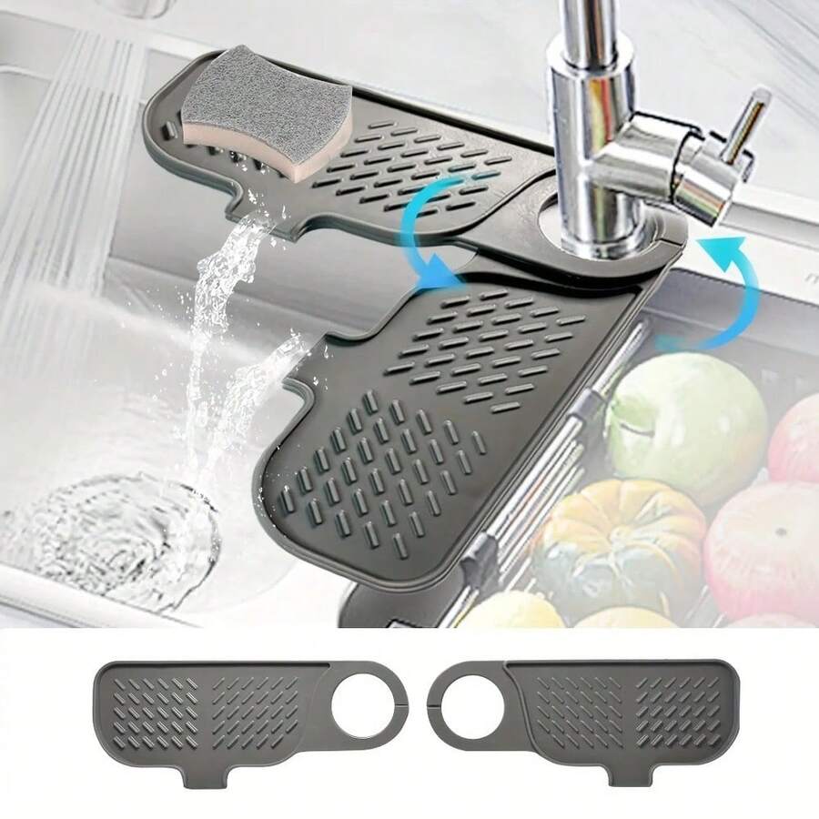 2pcs Rotatable Soft Kitchen Sink Splash Guard And Drain Mat, Anti-Slip Drainage Design, Suitable For Bathroom And Kitchen Sink - 2PCS - View 1