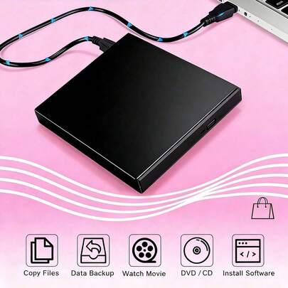 Portable External CD/DVD Burner - USB 3.0 Type-C External DVD-ROM Drive, Rewritable Optical Disc Recorder Suitable For Laptops & Desktops, Supports HDTV/Car/Home Use, Portable CD DVD Player For Travel