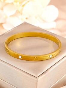 Set Gelang Bangle Hati Berlapis Emas 18K Stainless Steel 1/3 buah, Gelang Manset Terbuka dengan Inlay Tembaga dan Zirkonia Buatan, Modis untuk Pemakaian Sehari-hari & Hadiah untuk Wanita - Emas - View 6