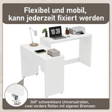 Desk/Shelf + Chest Of Drawers - Compact 2-In-1 Desk, Extendable, Made Entirely Of 1.8 Cm Thick Wood, Equipped With Casters, Flexibly Combinable, Folding Desk - White + Particleboard - View 8
