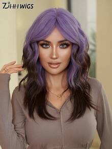 7JHH WIGS 中长款神秘紫黑色波浪假发，20英寸蓬松卷曲刘海，高密度全机织耐热纤维合成假发，适合角色扮演、万圣节、嘉年华、音乐节等派对佩戴。 - 漸層紫 - 查看 6
