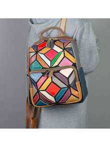 New Genuine Leather Women's Bag, Colorful Casual Boho Geometric Pattern, Contrasting Color Casual Women's Backpack. - 彩色 - 查看 2
