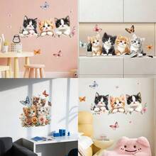 1pc Cute Cat Wall Decal, Colorful Butterfly & Floral Design, Removable Vinyl Wall Art, Perfect For Living Room, Bedroom, Office And Home Decor, Create Modern Aesthetic - Multicolor - View 4