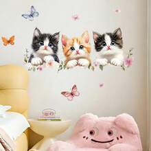 1pc Cute Cat Wall Decal, Colorful Butterfly & Floral Design, Removable Vinyl Wall Art, Perfect For Living Room, Bedroom, Office And Home Decor, Create Modern Aesthetic - Multicolor - View 7
