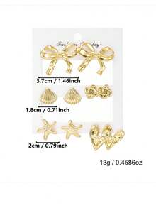 女士厚金几何纹理耳环套装，时尚简约海洋风耳钉，夏季海滩度假礼物，配饰 - 彩色 - 查看 3