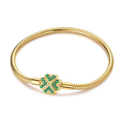 1 pieza Pulsera con dije de trébol de cuatro hojas dorado con diseño de corazón romántico - Pulsera de cadena de serpiente versátil apta para personalizar con cuentas y dijes - Perfecta para uso diario o como regalo de aniversario