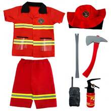 7pcs Children's Firefighter Role Play Costume Set, Spring/Summer New Kids Firefighter Pretend Play Outfit, Holiday Party Costume, Halloween Costume, Includes Firefighter Shirt, Shorts, Hat And 4 Firefighter Toys, Ideal Firefighter Role Play Set For Boys, Great Birthday, Holiday, Party, Halloween, Christmas Gift - Red - View 6